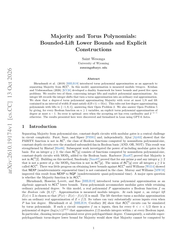 First page of Majority and Torus Polynomials: Bounded-Lift Lower Bounds and Explicit Constructions