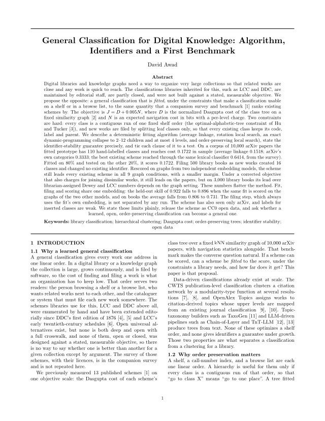 First page of General Classification for Digital Knowledge: Algorithm, Identifiers and a First Benchmark