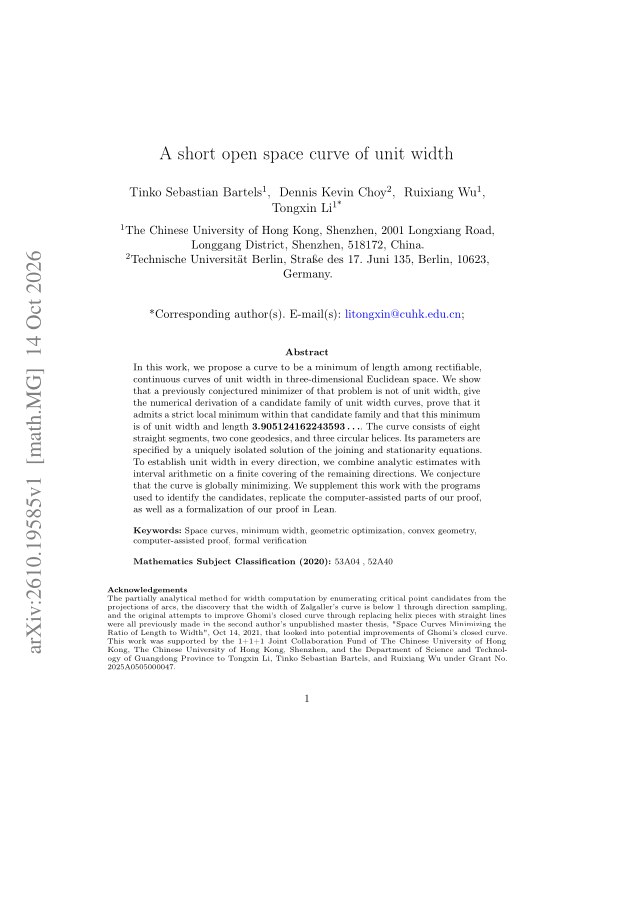 First page of A short open space curve of unit width