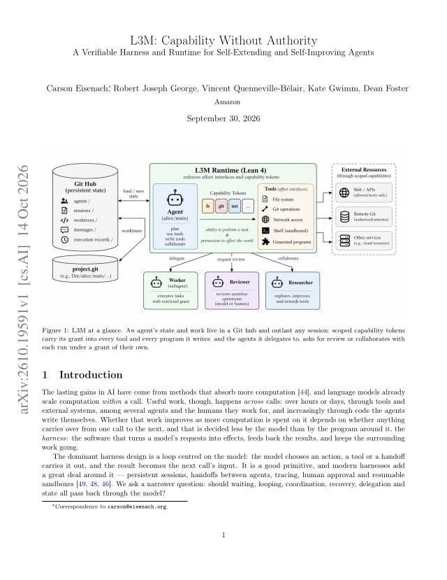 First page of L3M: A Verifiable Harness and Runtime for Self-Extending and Self-Improving Agents