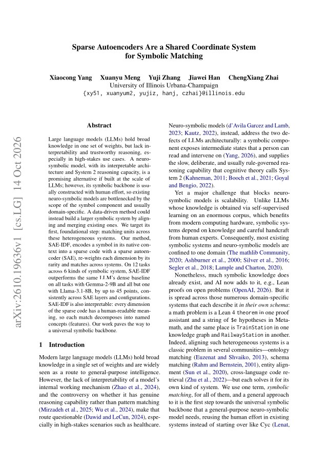 First page of Sparse Autoencoders Are a Shared Coordinate System for Symbolic Matching