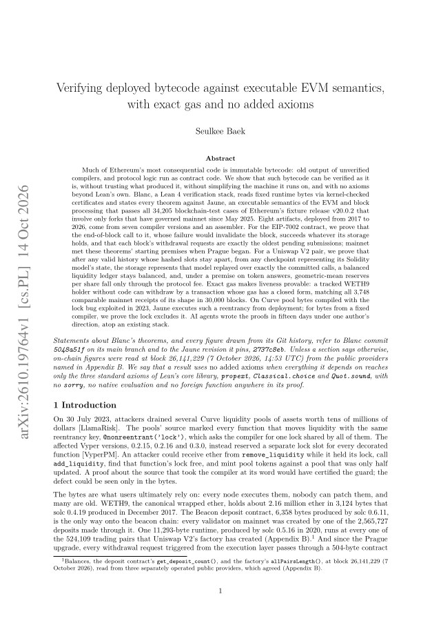 First page of Verifying deployed bytecode against executable EVM semantics, with exact gas and no added axioms