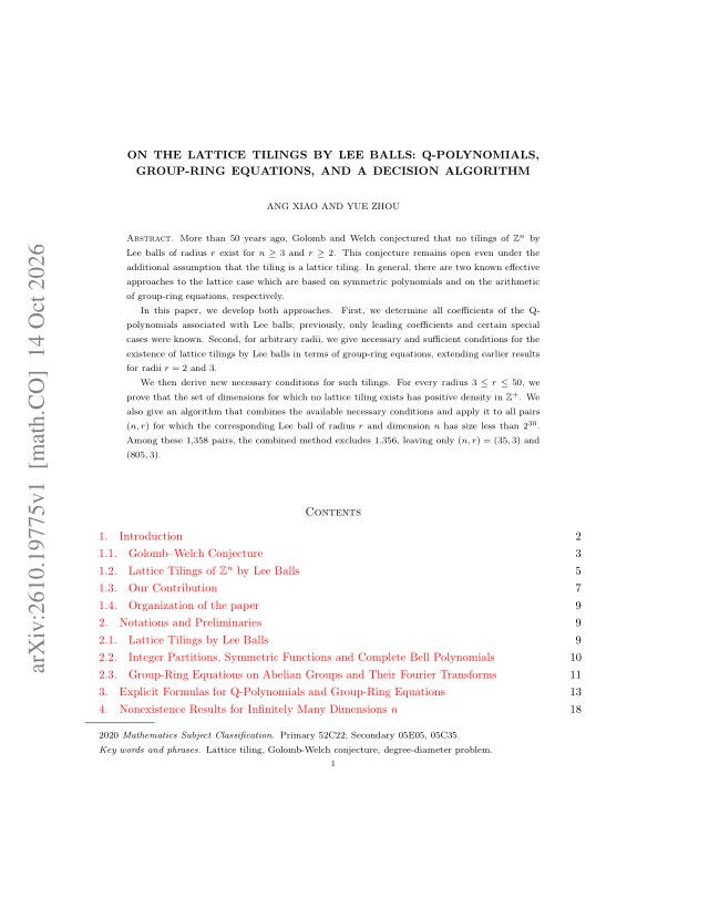 First page of On the Lattice Tilings by Lee Balls: Q-Polynomials, Group-Ring Equations, and a Decision Algorithm