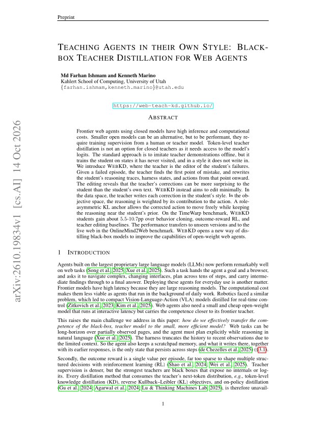First page of Teaching Agents in their Own Style: Blackbox Teacher Distillation for Web Agents