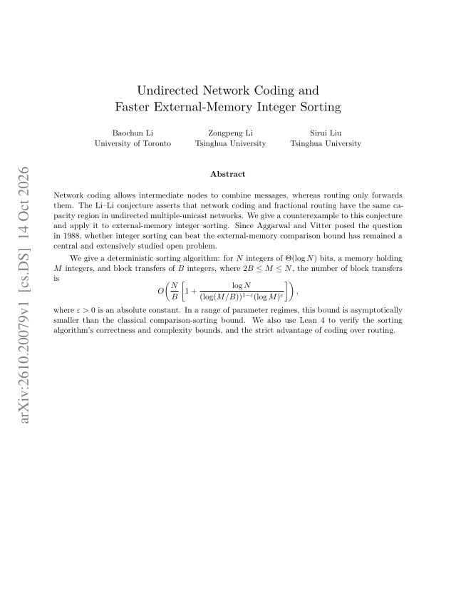 First page of Undirected Network Coding and Faster External-Memory Integer Sorting