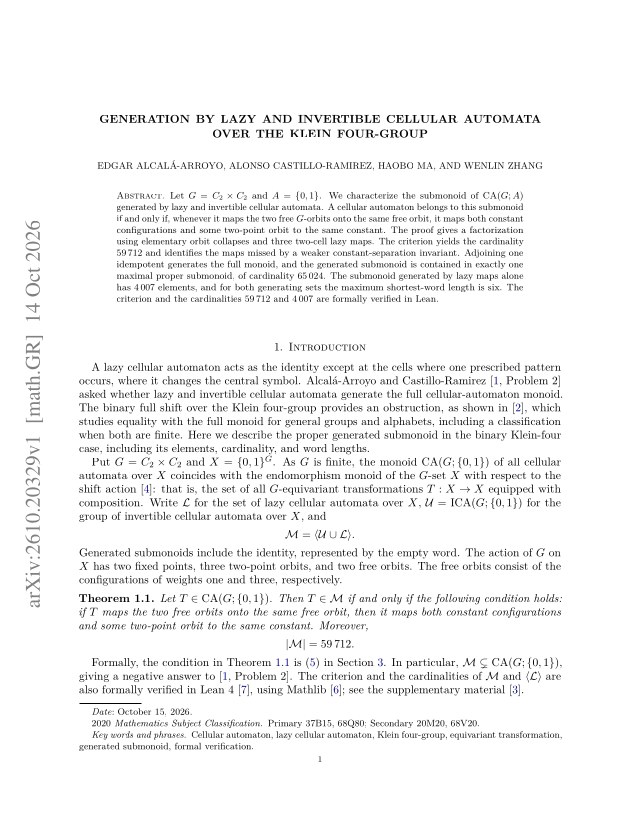 First page of Generation by lazy and invertible cellular automata over the Klein four-group