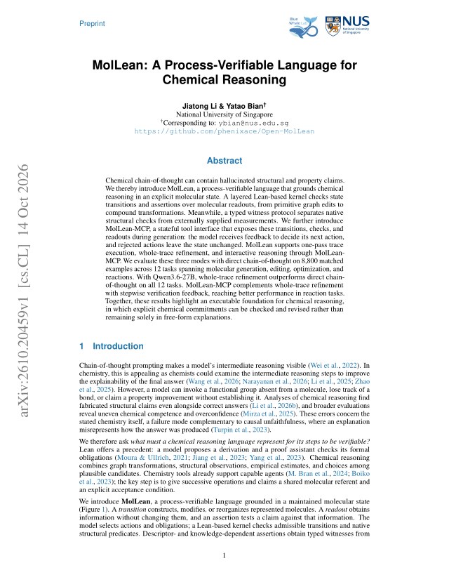 First page of MolLean: A Process-Verifiable Language for Chemical Reasoning