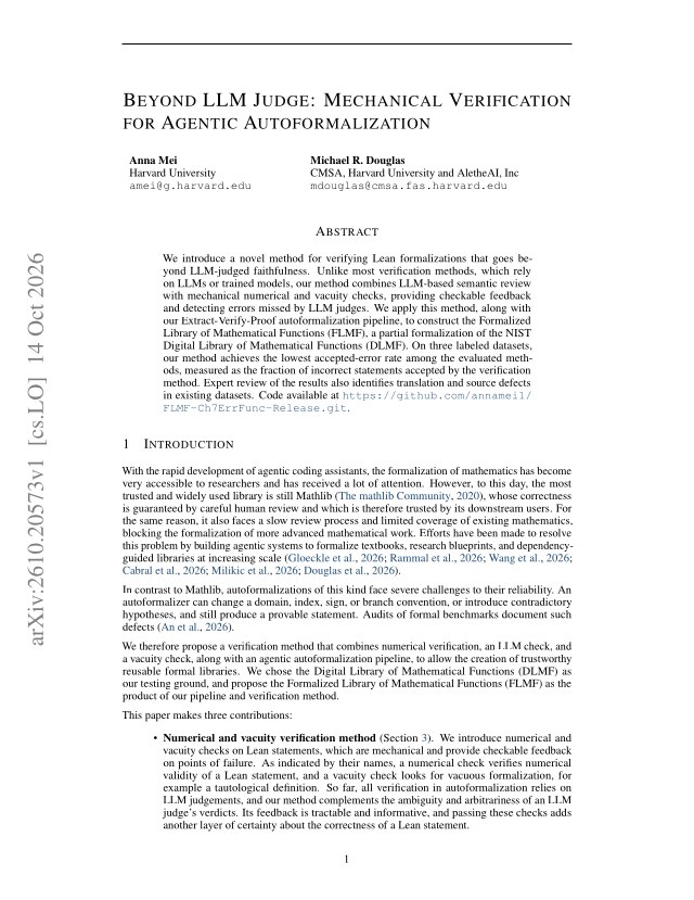 First page of Beyond LLM Judge: Mechanical Verification for Agentic Autoformalization