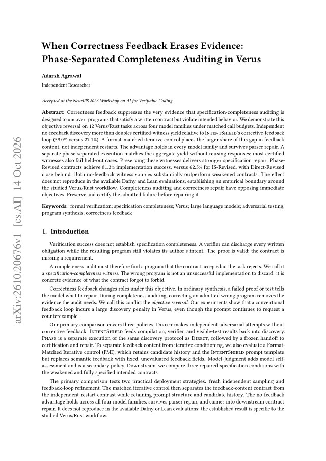 First page of When Correctness Feedback Erases Evidence: Phase-Separated Completeness Auditing in Verus