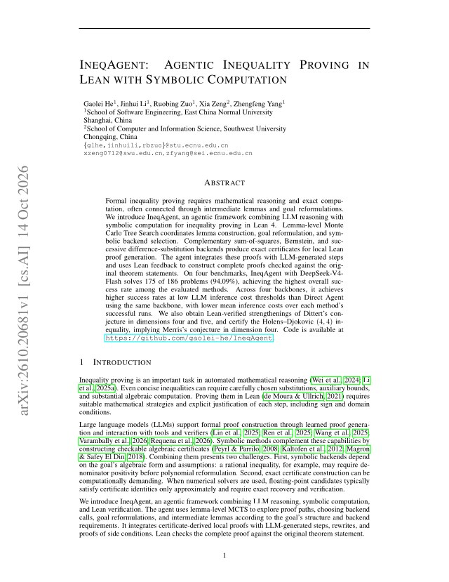 First page of IneqAgent: Agentic Inequality Proving in Lean with Symbolic Computation