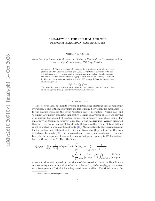 First page of Equality of the Jellium and the Uniform Electron Gas Energies