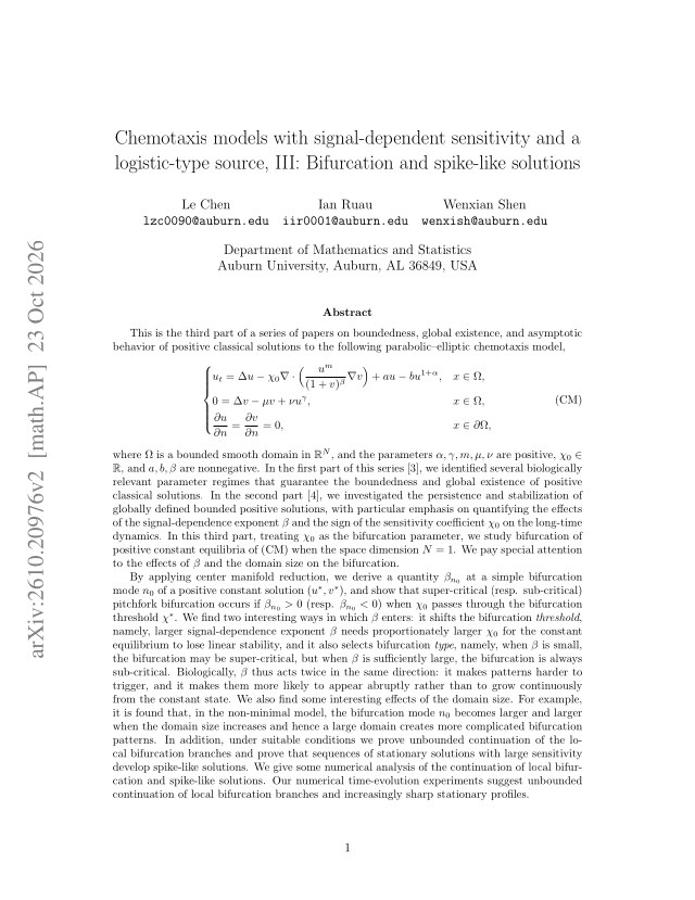 First page of Chemotaxis models with signal-dependent sensitivity and a logistic-type source, III: Bifurcation and spike-like solutions