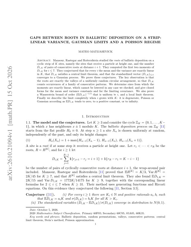 First page of Gaps between roots in ballistic deposition on a strip: linear variance, Gaussian limits and a Poisson regime