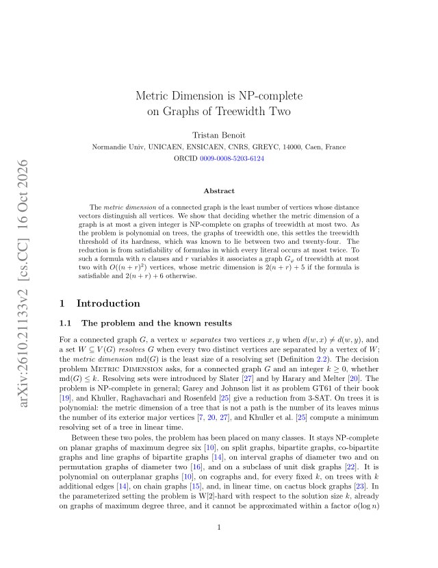 First page of Metric Dimension is NP-complete on Graphs of Treewidth Two