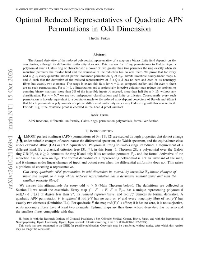 First page of Optimal Reduced Representatives of Quadratic APN Permutations in Odd Dimension