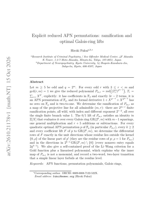First page of Explicit reduced APN permutations: ramification and optimal Galois-ring lifts
