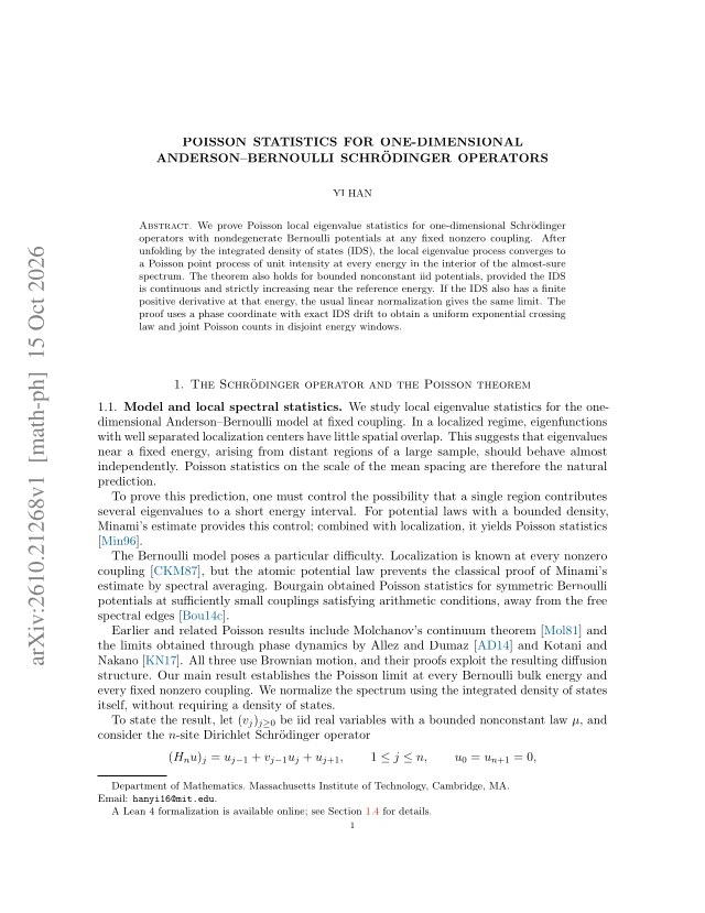 First page of Poisson statistics for one-dimensional Anderson–Bernoulli Schrödinger operators
