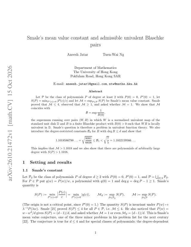 First page of Smale's mean value constant and admissible univalent Blaschke pairs