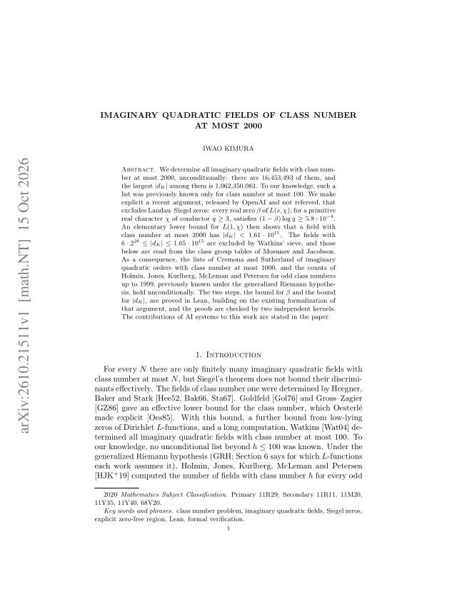 First page of Imaginary quadratic fields of class number at most 2000