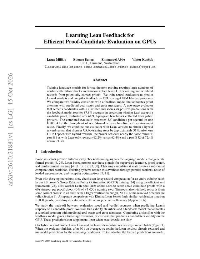 First page of Learning Lean Feedback for Efficient Proof-Candidate Evaluation on GPUs