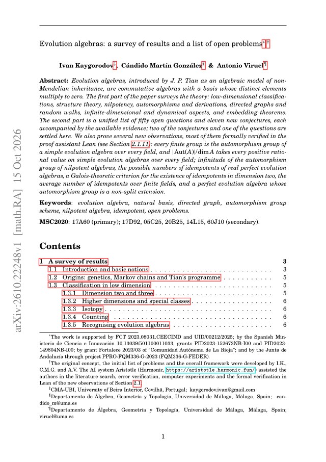 First page of Evolution algebras: a survey of results and a list of open problems