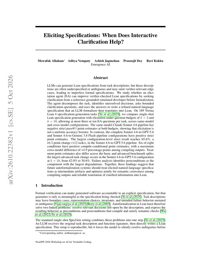 First page of Eliciting Specifications: When Does Interactive Clarification Help?
