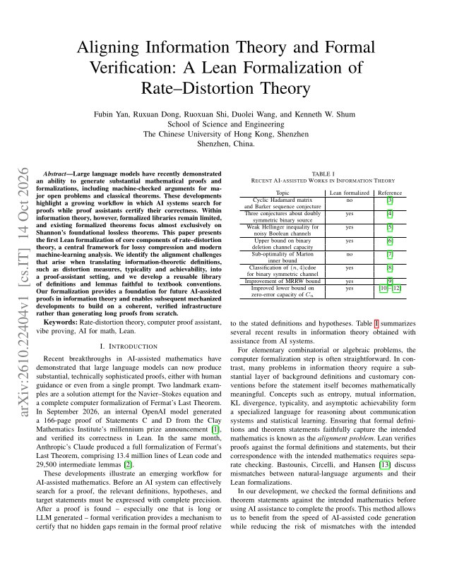 First page of Aligning Information Theory and Formal Verification: A Lean Formalization of Rate-Distortion Theory