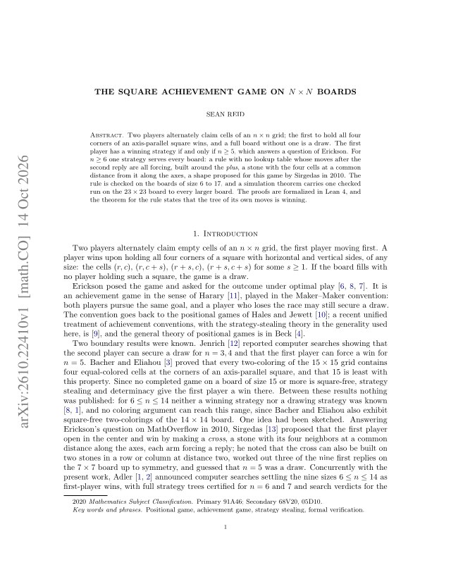 First page of The square achievement game on $n \times n$ boards