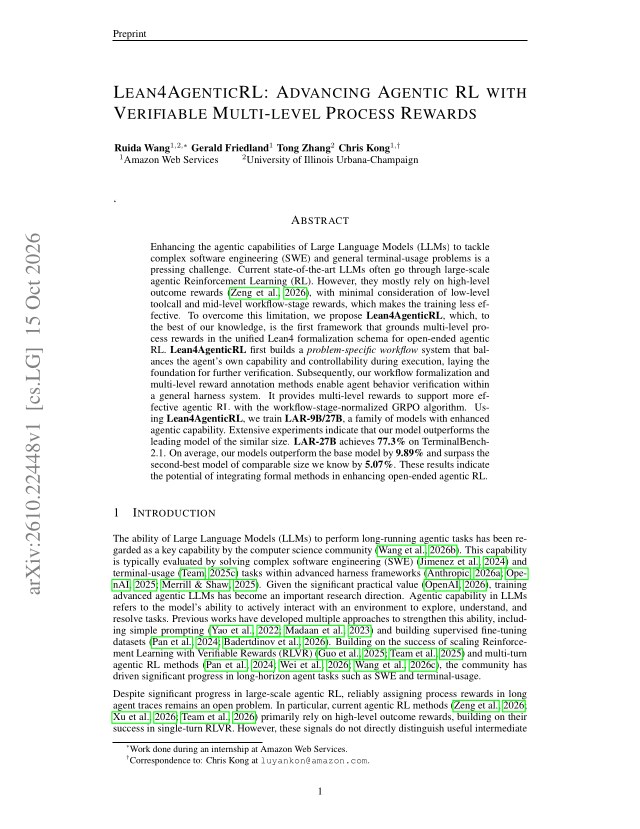 First page of Lean4AgenticRL: Advancing Agentic RL with Verifiable Multi-level Process Rewards