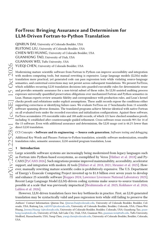 First page of ForTress: Bringing Assurance and Determinism for LLM-Driven Fortran-to-Python Translation