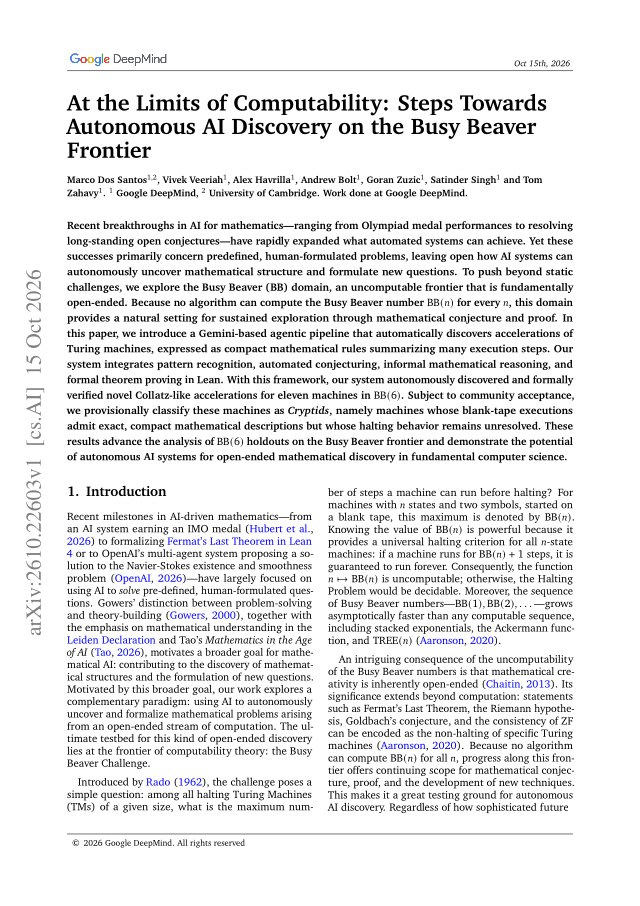 First page of At the Limits of Computability: Steps Towards Autonomous AI Discovery on the Busy Beaver Frontier