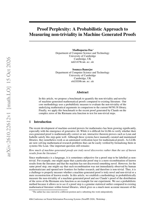 First page of Proof Perplexity: A Probabilistic Approach to Measuring non-triviality in Machine Generated Proofs