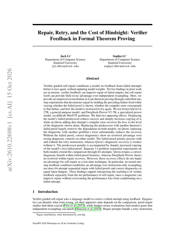 First page of Repair, Retry, and the Cost of Hindsight: Verifier Feedback in Formal Theorem Proving