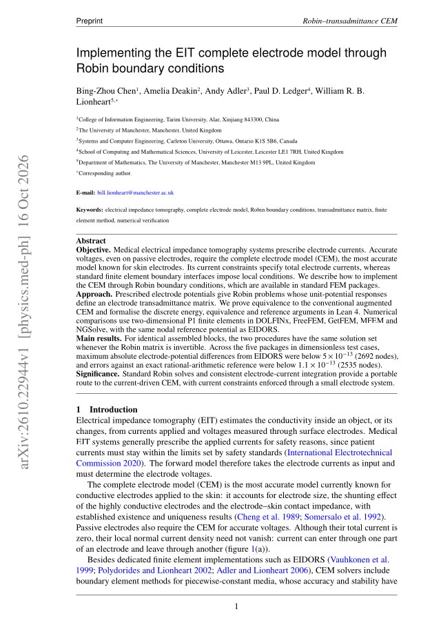 First page of Implementing the EIT complete electrode model through Robin boundary conditions