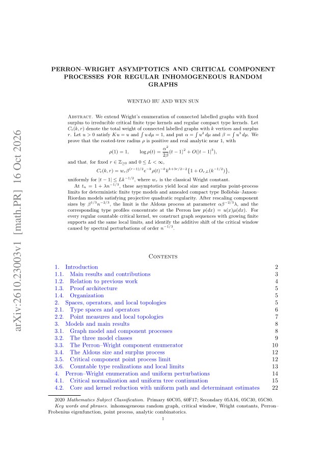 First page of Perron-Wright asymptotics and critical component processes for regular inhomogeneous random graphs