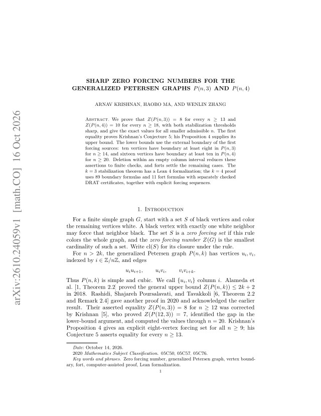 First page of Sharp zero forcing numbers for the generalized Petersen graphs $P(n,3)$ and $P(n,4)$