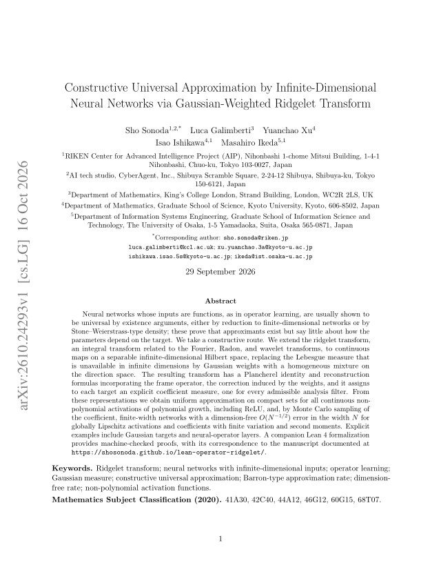 First page of Constructive Universal Approximation by Infinite-Dimensional Neural Networks via Gaussian-Weighted Ridgelet Transform