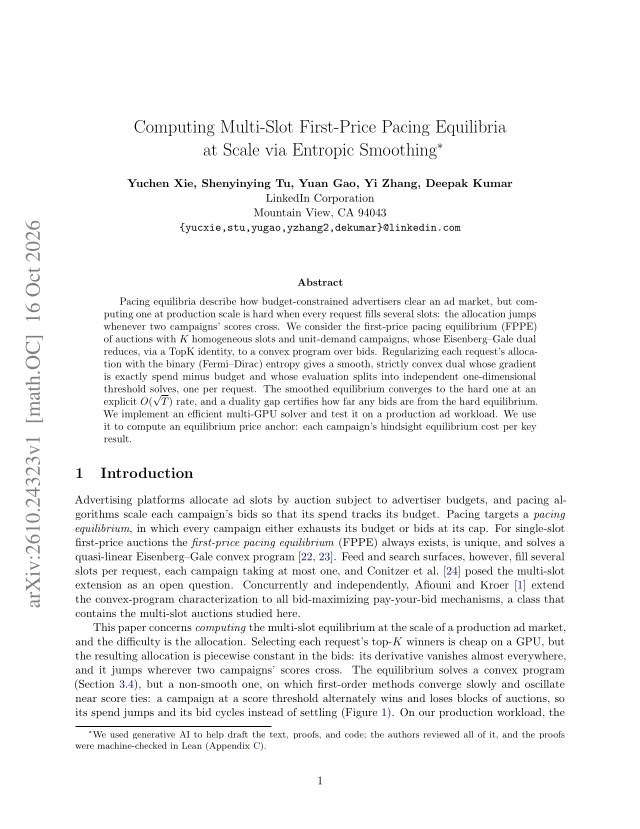 First page of Computing Multi-Slot First-Price Pacing Equilibria at Scale via Entropic Smoothing