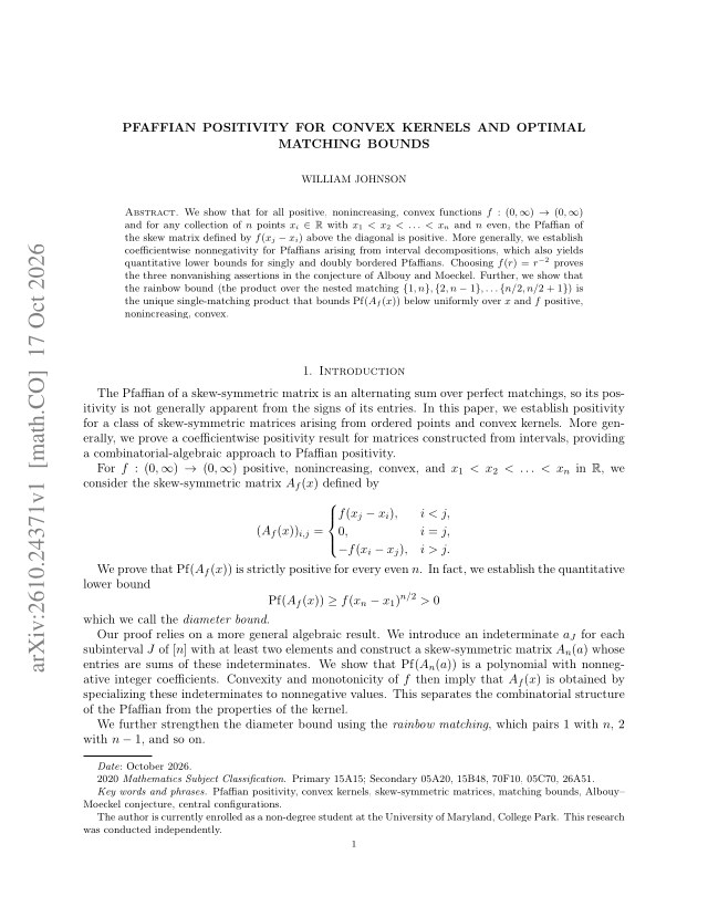 First page of Pfaffian Positivity for Convex Kernels and Optimal Matching Bounds