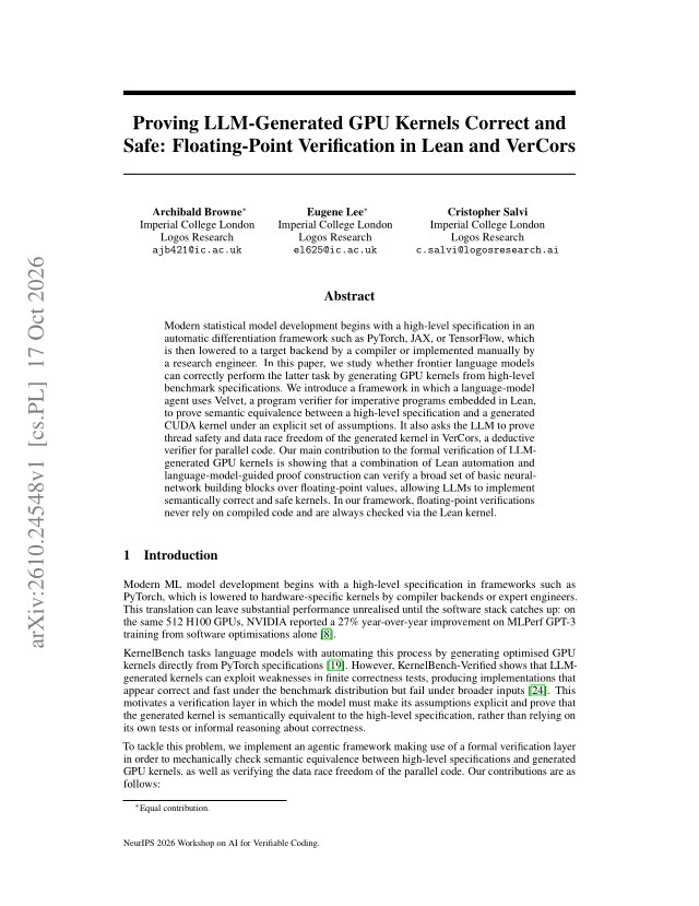 First page of Proving LLM-Generated GPU Kernels Correct and Safe: Floating-Point Verification in Lean and VerCors