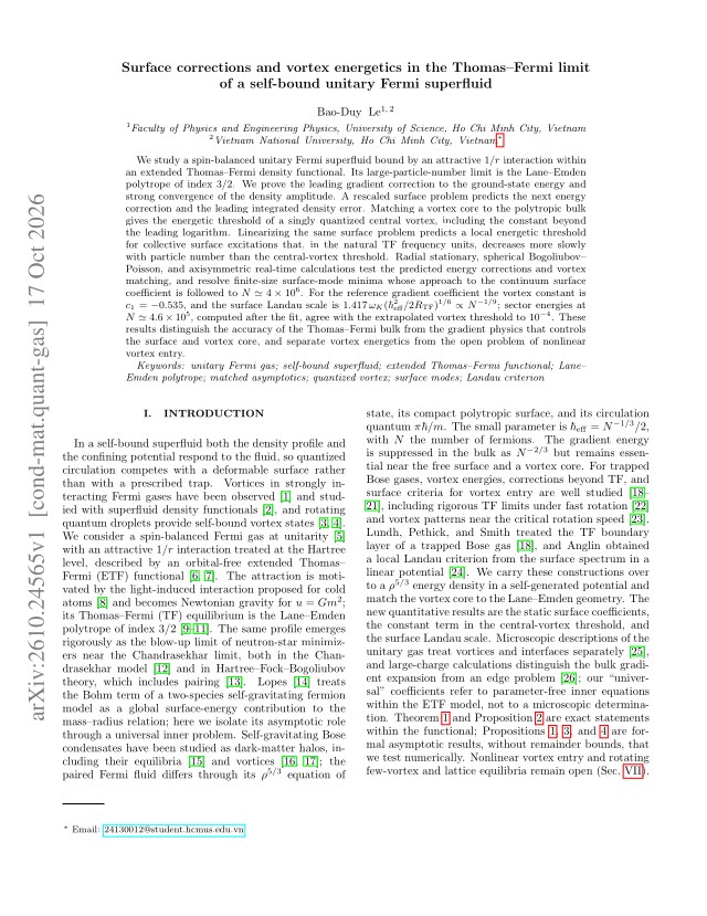First page of Surface corrections and vortex energetics in the Thomas–Fermi limit of a self-bound unitary Fermi superfluid