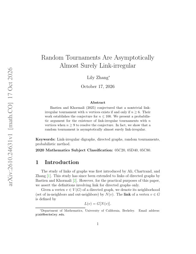 First page of Random Tournaments Are Asymptotically Almost Surely Link-irregular