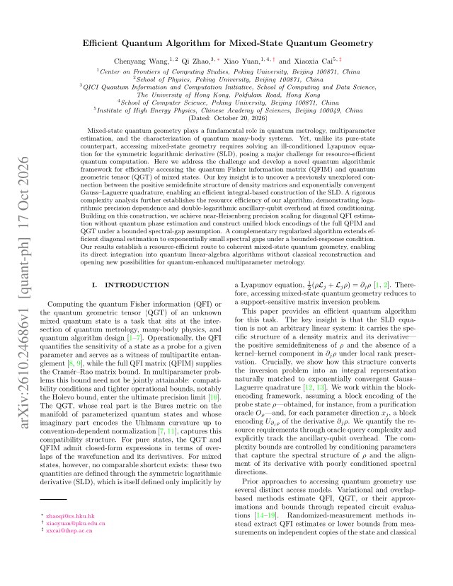 First page of Efficient Quantum Algorithm for Mixed-State Quantum Geometry