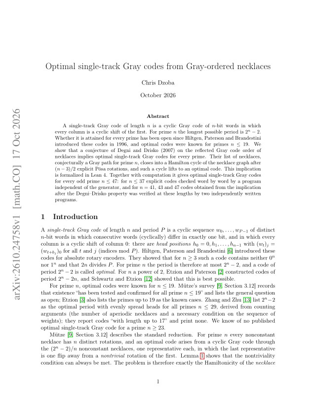 First page of Optimal single-track Gray codes from Gray-ordered necklaces