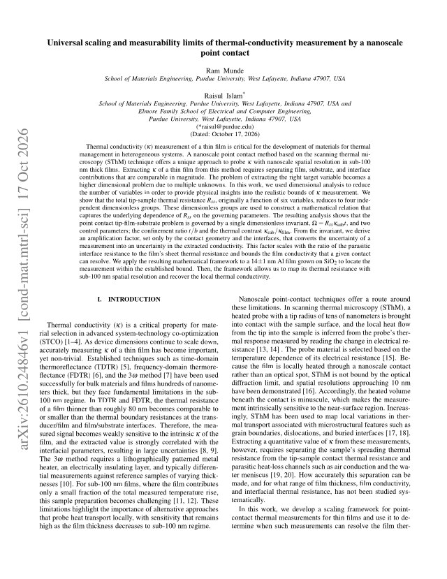 First page of Universal scaling and measurability limits of thermal-conductivity measurement by a nanoscale point contact