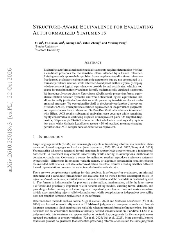 First page of Structure-Aware Equivalence for Evaluating Autoformalized Statements