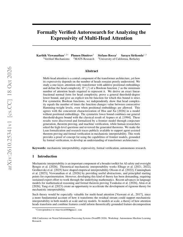 First page of Formally Verified Autoresearch for Analyzing the Expressivity of Multi-Head Attention
