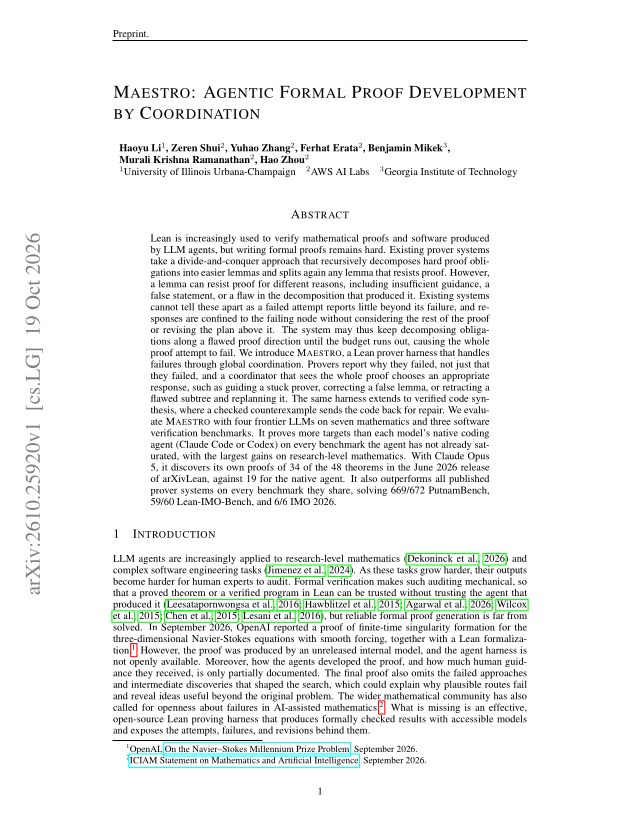 First page of Maestro: Agentic Formal Proof Development by Coordination