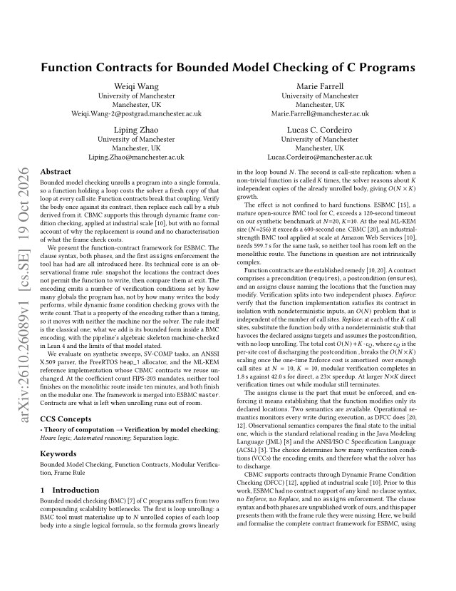 First page of Function Contracts for Bounded Model Checking of C Programs