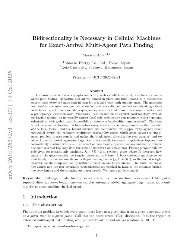 First page of Bidirectionality is Necessary in Cellular Machines for Exact-Arrival Multi-Agent Path Finding